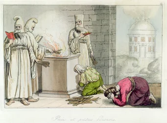 Máglya perzsa papokkal, illusztráció Giulio Ferrario "Il Costumo Antico e Moderno" című művéből, Milánó, 1819-1834.